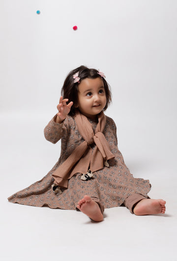 Set of 3 : Inaya Brown Floral Handblock Printed A Line Full Sleeves Kota Flared Kurta with Plain Cotton Elastic Choordiaar and Kota Dupatta
